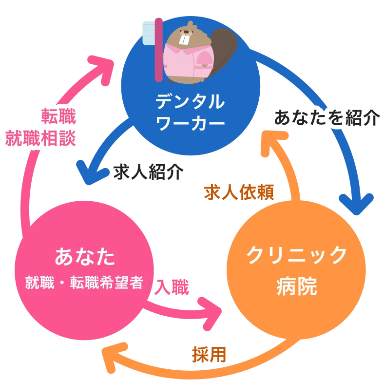 デンタルワーカーは、デンタルの採用活動を行う事業者と求職者の間に立ち、両者のマッチングをサポートします。